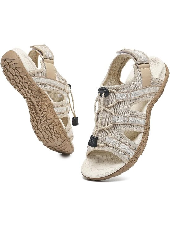 Shoes - Women's Beige Mesh Orthopedic Arch Support Adjustable Sport Walking Sandals